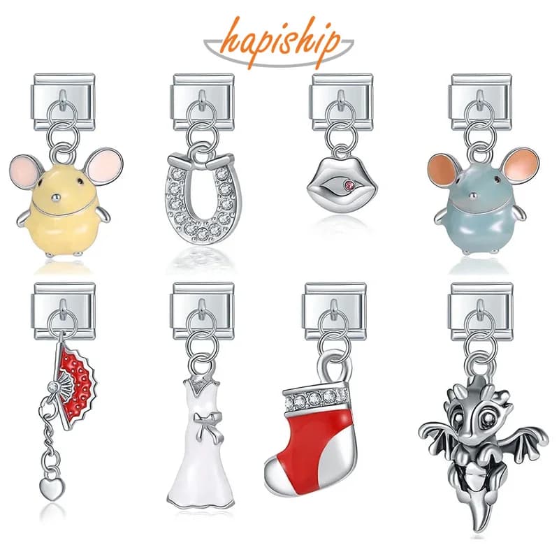 Hapiship Original Daisy Mouse Dinosauro Calzino natalizio CZ Fascino italiano adatto Bracciale da 9 mm Creazione di gioielli in acciaio inossidabile DJ169