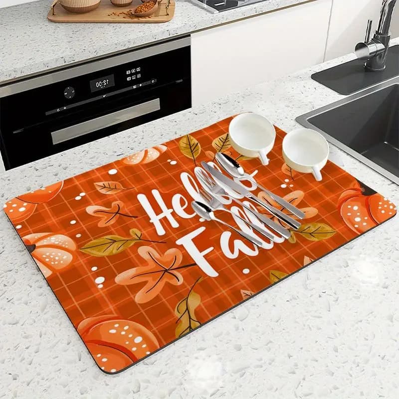 VIKAMA “Hello Autumn” Drip Mat, Checkered Pumpkin and Maple Leaf Autumn Harvest Absorbent Coffee Maker Mat, Home Decor