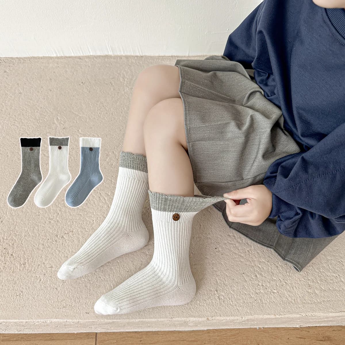 Girls' Mid length Socks Spring and Autumn New Cotton Children's Socks Girls' Double Needle Breathable Socks 3-11Years