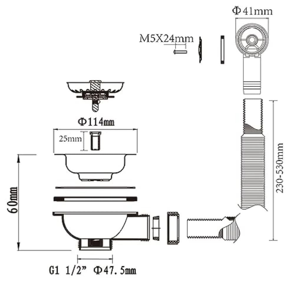 Kit di scarico per lavello da cucina in acciaio inossidabile titanio oro con foro rotondo per troppopieno, cestello spazzolato, filtro per rifiuti per uso domestico in cucina