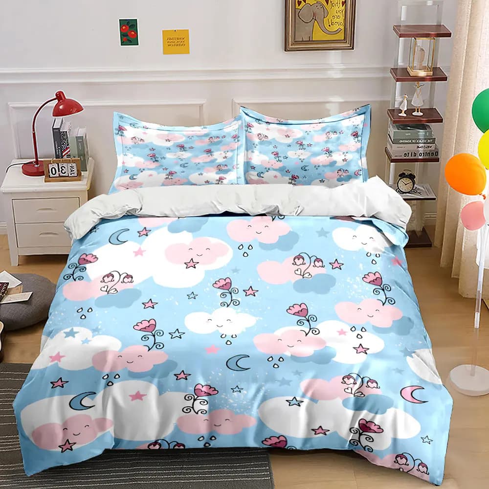 Set copripiumino con motivo nuvole sorridenti e lune crescenti, stampa digitale, biancheria da letto colorata in poliestere con chiusura a cerniera