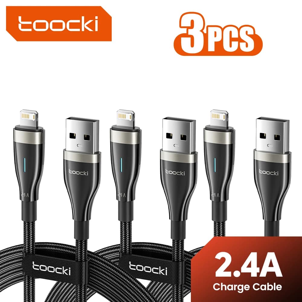 Toocki 3PCS 2.4A USB To iP Port Cable Fast Charging LED Light Data Cable For iPhone 14 13 12 11 Pro Max Plus X XR iPad Airpods