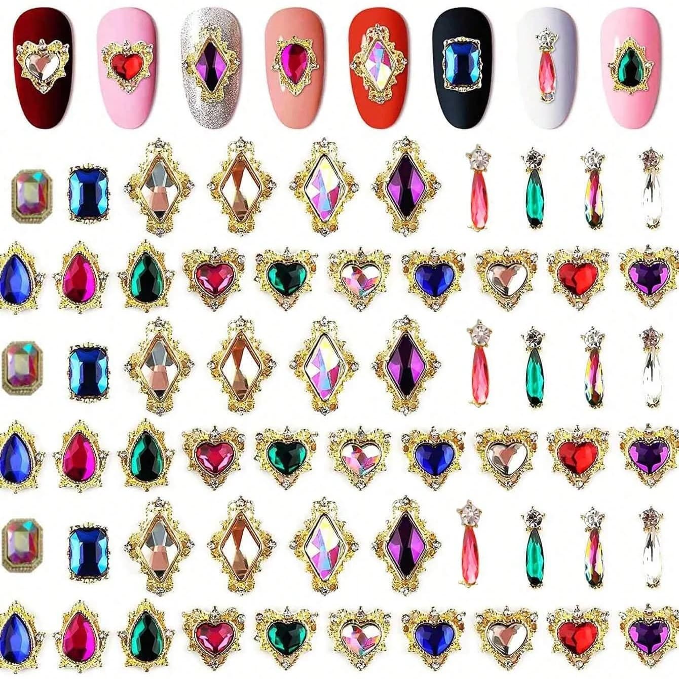 60 PZ Mix Unghie Artistiche Strass Cuore/Quadrato/Goccia d'acqua Grande AB Iridescente Gioielli di Cristallo In Lega di Metallo 3D FAI DA TE Pendenti E Ciondoli Per Unghie Forniture *