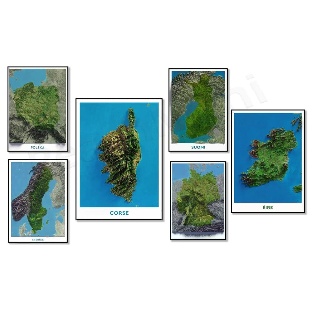Finland, Italy, Sweden, Germany, Corsica, Poland, Denmark, Ireland Aerial image shadow relief map terrain canvas print poster