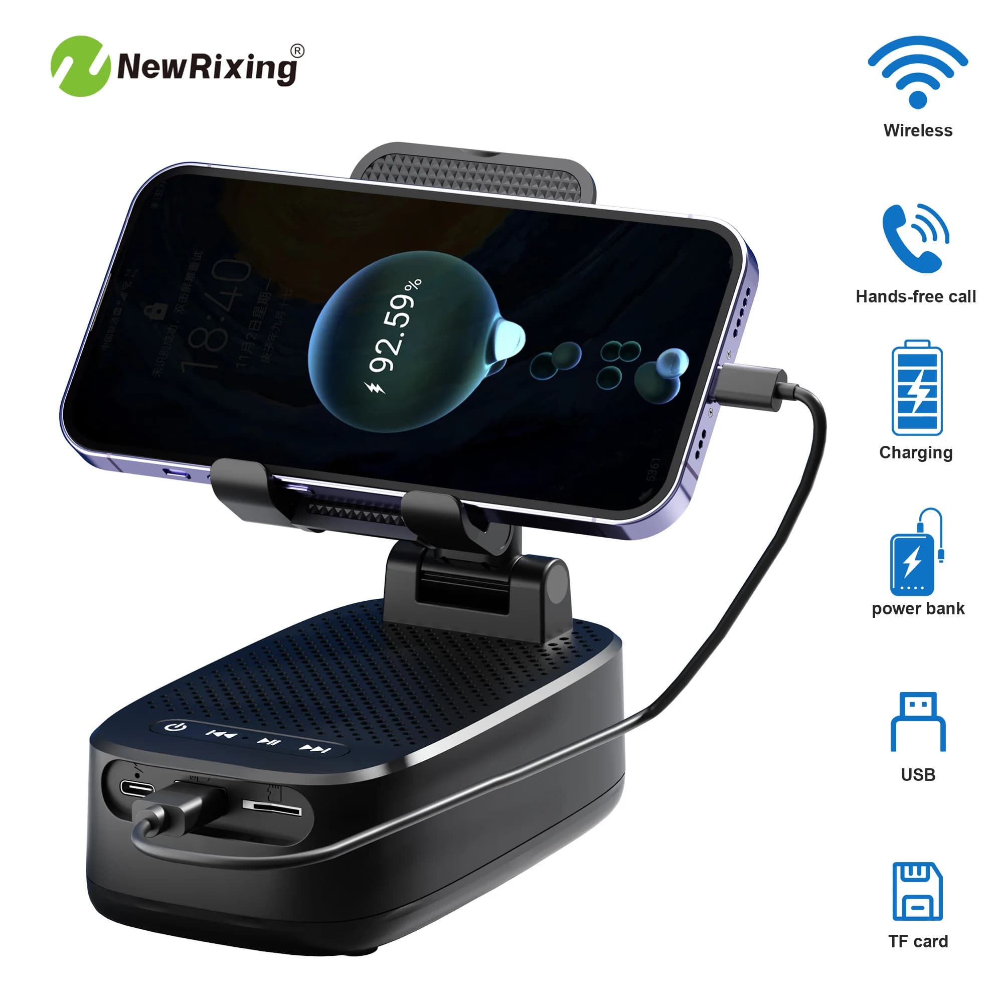 NewRixing 6W Wireless Speakers with Phone Holder, TWS Dual Pairing, 1800mAh Battery,Phone Hands Free，Mobile Power Bank，6-Hour Playtime, Hi-Fi Sound Quality, Loud Stereo & Booming Bass，USB-C Charging, Outdoor/Indoor Use,Durable Build Quality