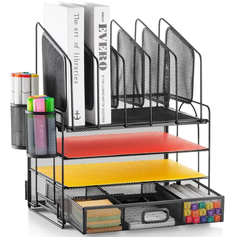 Organizzatore da scrivania con cassetto, organizer per documenti a 4 livelli in rete con 5 portadocumenti verticali e 2 portapenne, organizer da scrivania multifunzione