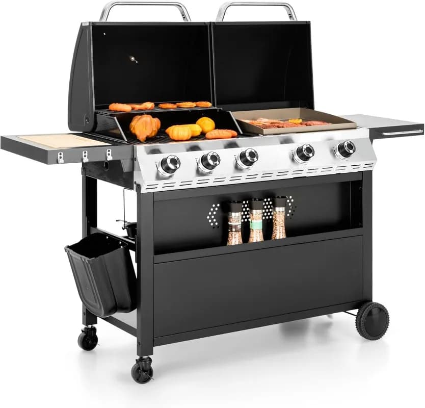 5 fire gas grill plate combined with porcelain glazed cast iron grille, double cutter and cover, duel function