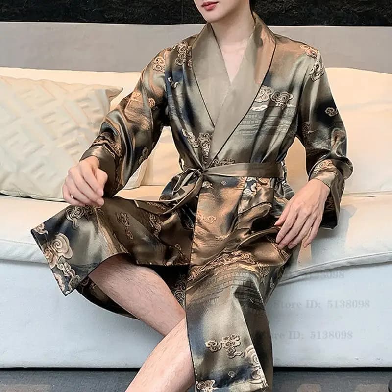 Vestaglia da Uomo in Stile Cinese, Kimono Primaverile in Seta Ghiaccio, Lingerie Intima, Abbigliamento Casual a Maniche Lunghe per Casa e Notte