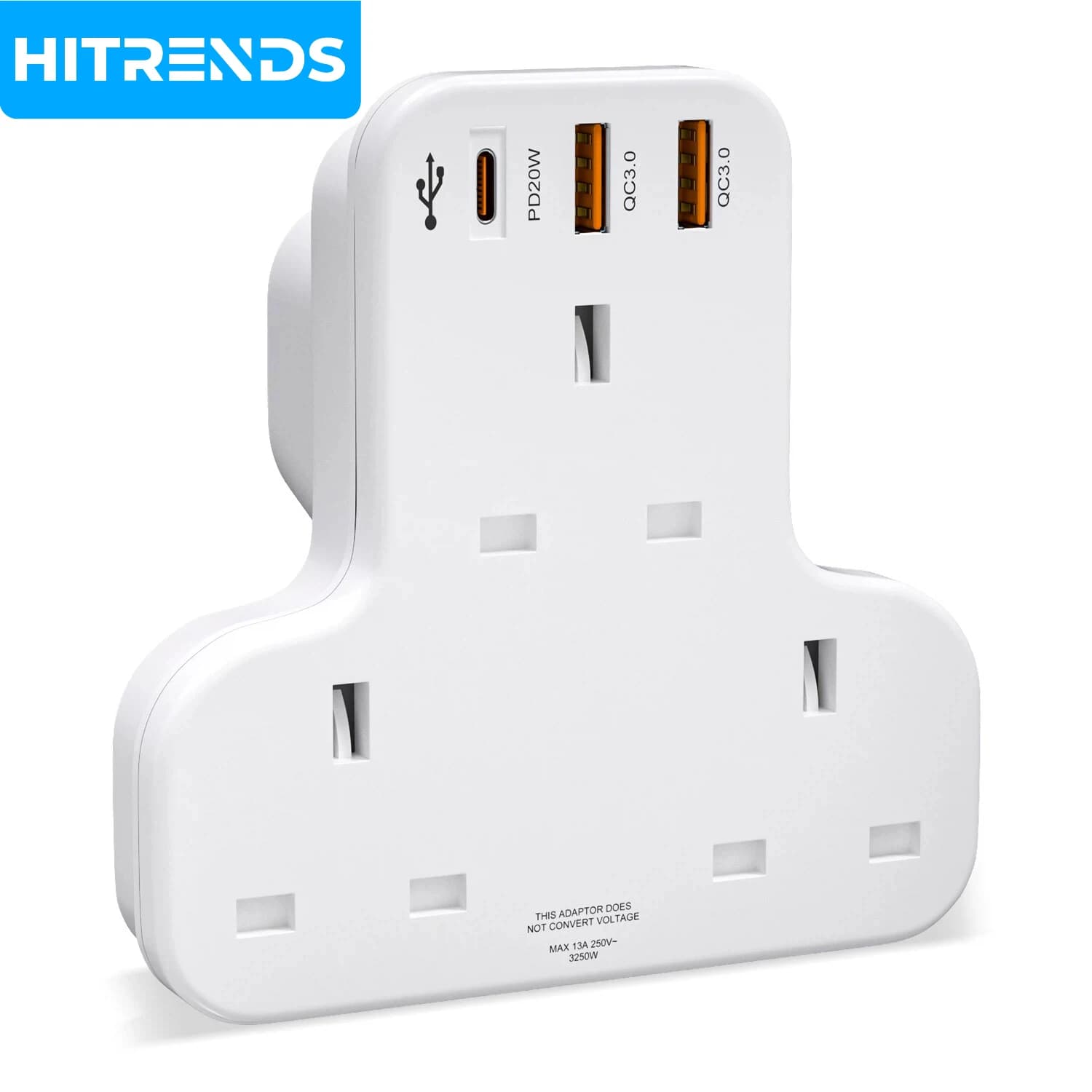 HITRENDS Adattatore Multipresa UK 6-in-1, Estensore a 3 Prese con USB-C PD20W, Presa a Muro Piatta con Fusibile 13A per Casa/Ufficio/Viaggio