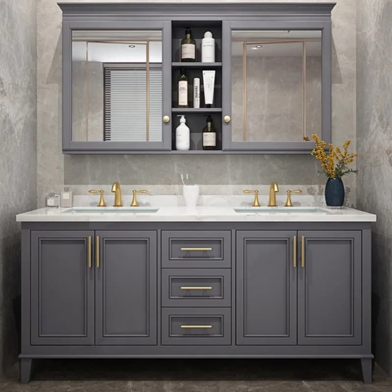 Mobile bagno di lusso leggero con specchio in ardesia, combinazione in rovere, lavabo doppio da terra semplice e di alta gamma