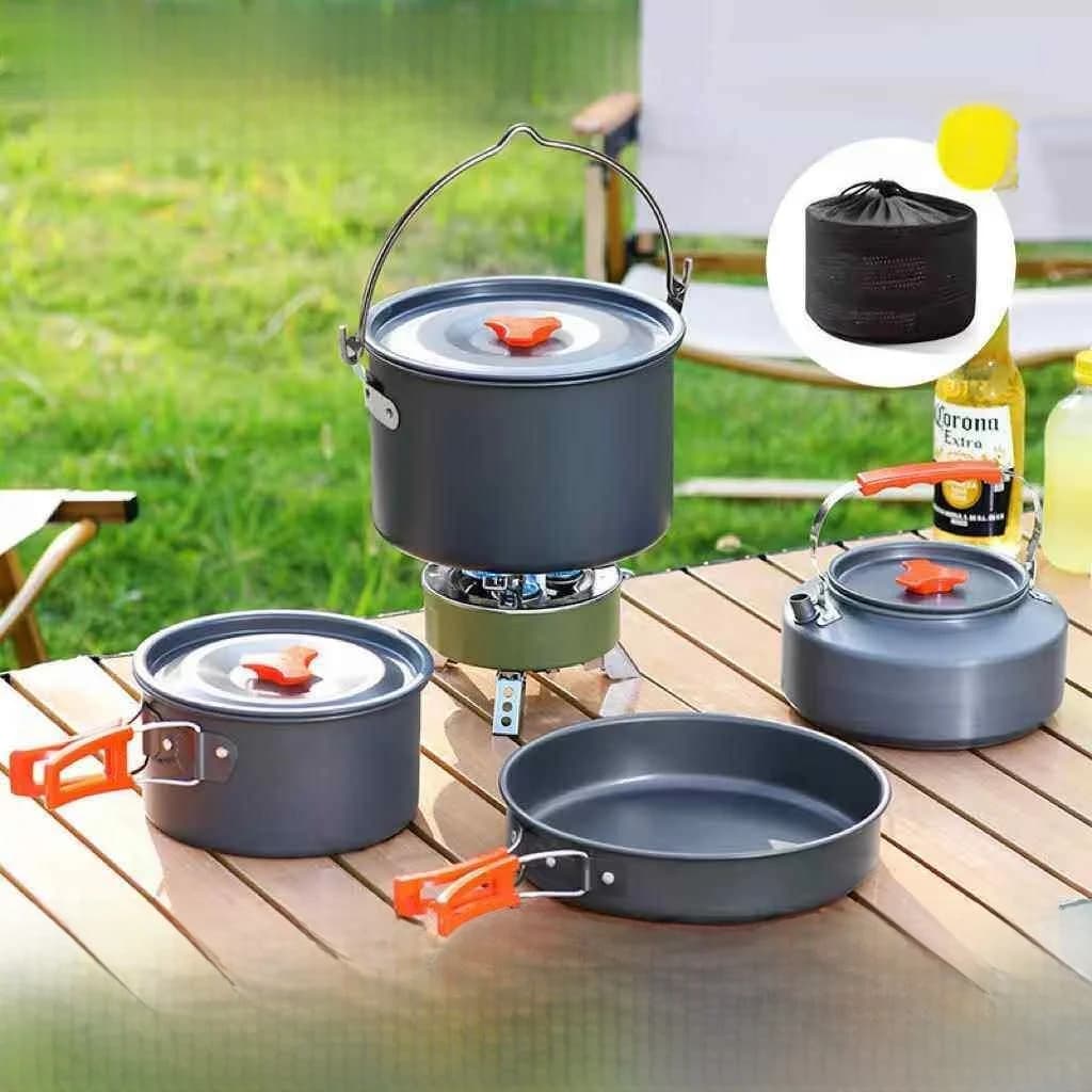Set Completo di Utensili da Cucina per Campeggio, Fornello in Lega di Alluminio, Pentola, Padella, Teiera, Accessori per Picnic e Escursioni