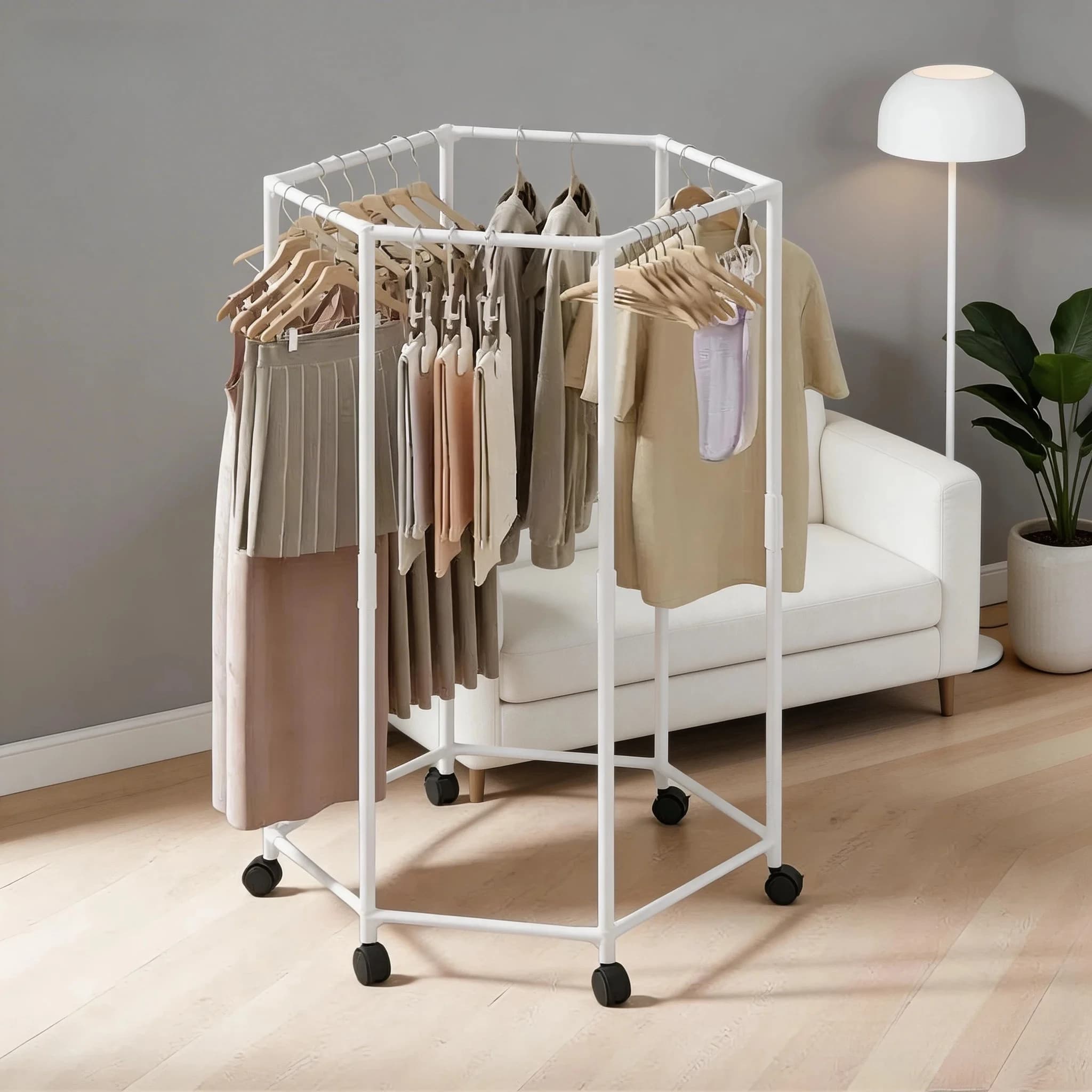 Multifunctional Clothes Storage Rack Movable Rotating Hexagon Organizer Shelf Metal Clothes Drying Rack With Pulleys Coat Hanger
