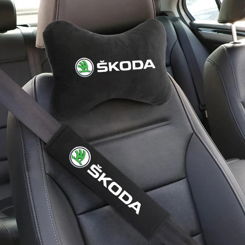Suede Car Headrest Neck Pillow Seat Belt Shoulder Pad For Skoda Octavia Fabia Rapid Kamiq Scala Kodiaq Superb VisionS Yeti Karoq
