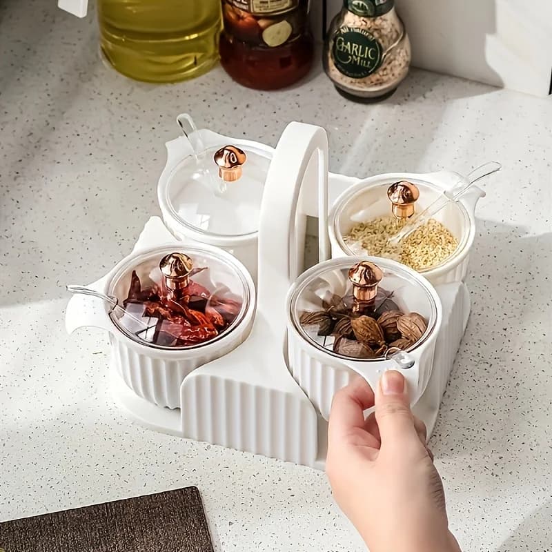 Set di barattoli per condimenti da cucina creativi a 4 griglie con manico Coperchio trasparente Scatola per condimenti Strumenti per condimenti Accessori da cucina