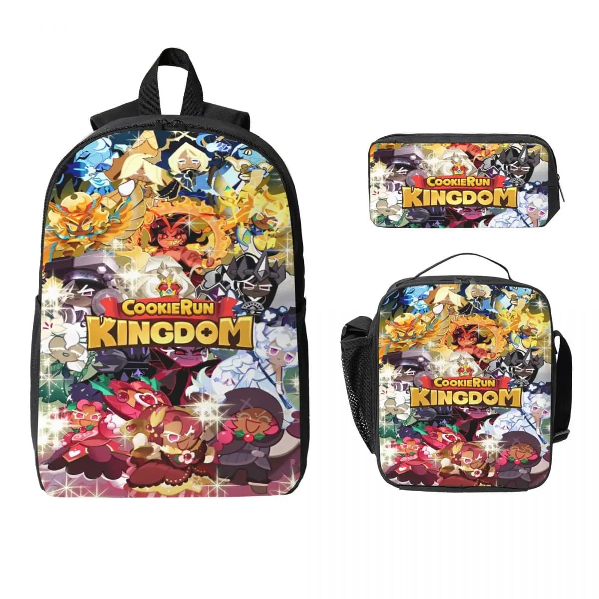 Set di zaini Cookie Run Kingdom da 3 pezzi per ragazze e ragazzi, borse per penne anime, set di borse per libri con scatola per il pranzo, per studenti delle scuole