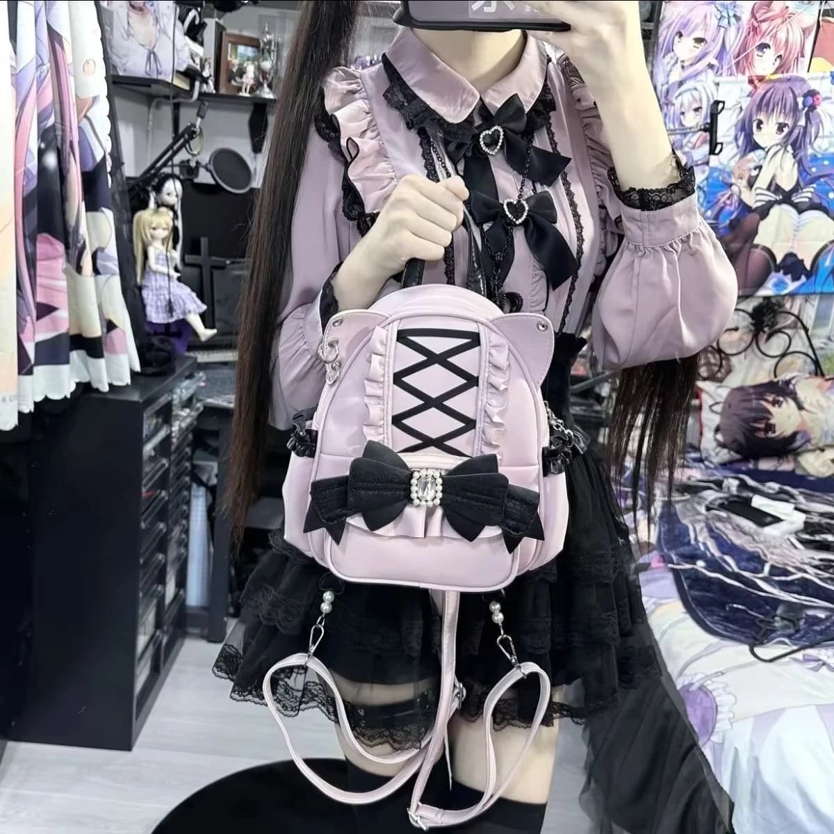 Sweet Japanese Lace Bow Cat Ear Backpack Student Women's Lolita Black Pink Cute Leather Shoulder Bag Schoolbags Mochilas Mujer
