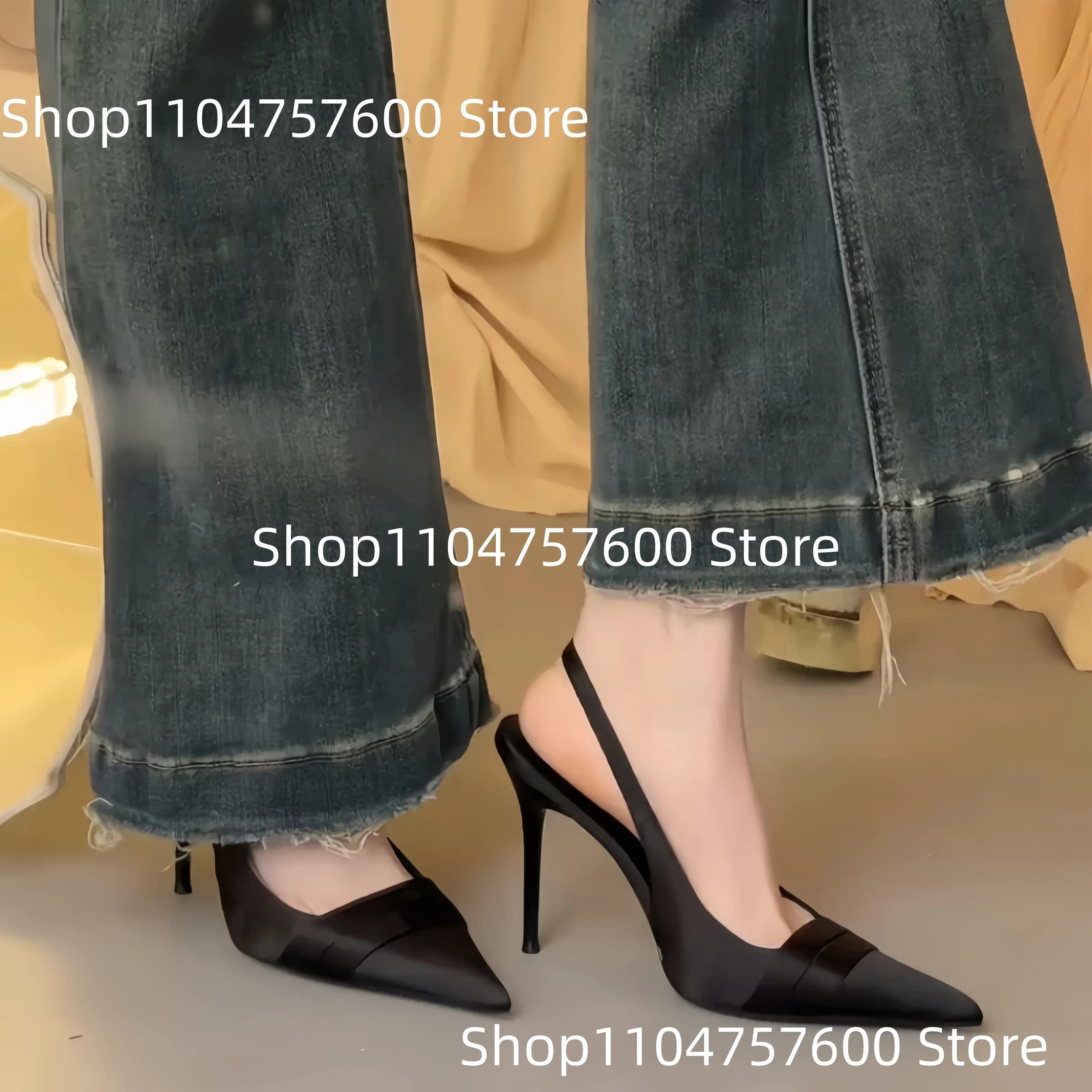Women's Black Satin Pointed Toe Slingback Strap Stiletto High Heel Pumps Buckle Design Elegant Sexy Ladies Office Classic Shoes