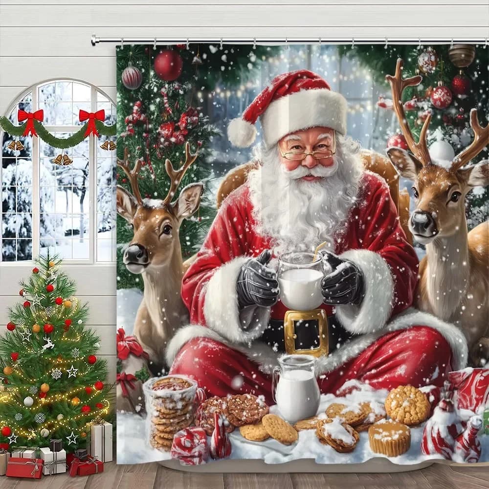 Christmas Snowman Shower Curtain Santa Claus Christmas Gifts Snow Printed Polyester Fabric Home Decor Shower Curtain With Hooks