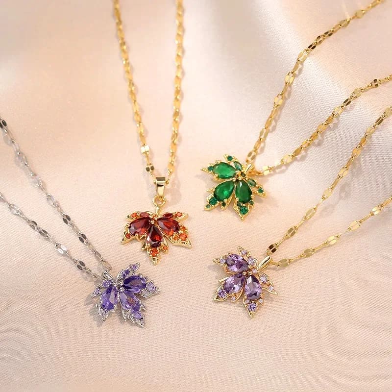 316L Stainless Steel Red Maple Leaf Crystal Pendant Necklace For Women Girl New Trend Clavicle Chain Jewelry Gift Party