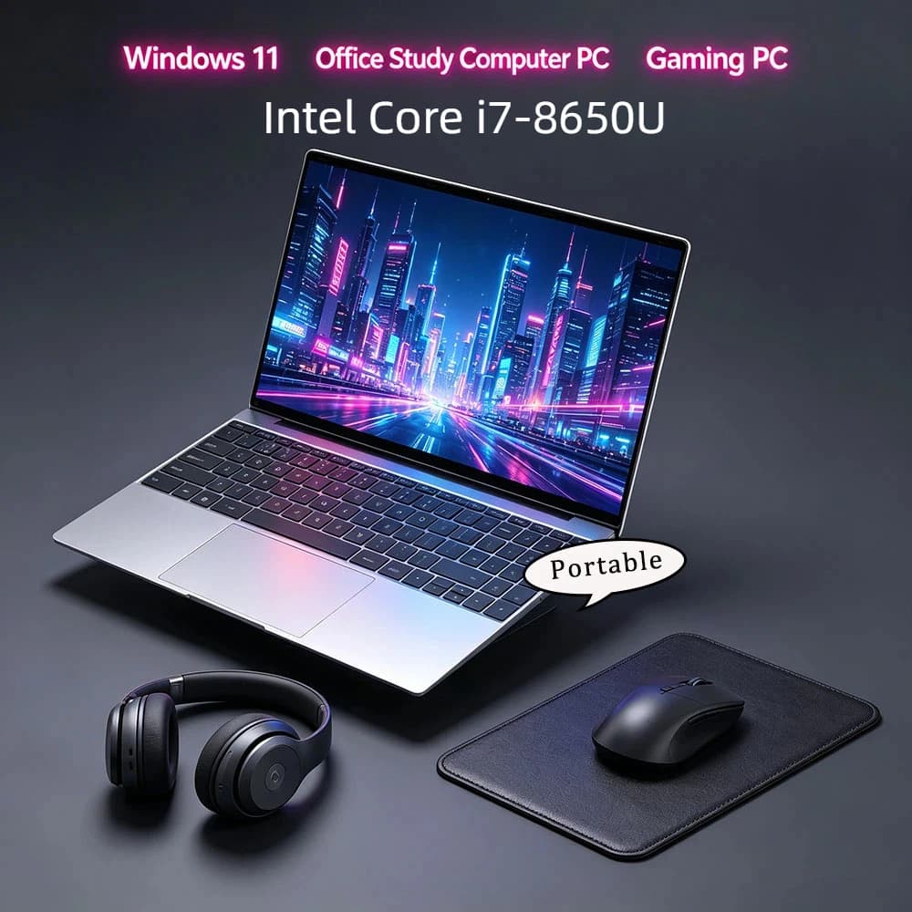 Potente Notebook Ultra Sottile da 15.6" 2026 con Intel Core i7-8650U, 32GB RAM, SSD M.2 da 2TB, Windows 11 Pro - Ideale per Ufficio e Studio Quotidiano