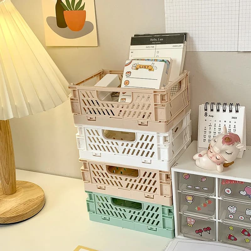 Cassa di immagazzinaggio pieghevole di plastica cestino pieghevole impilabile carino trucco gioielli giocattoli scatole per scatola di immagazzinaggio organizzatore portatile