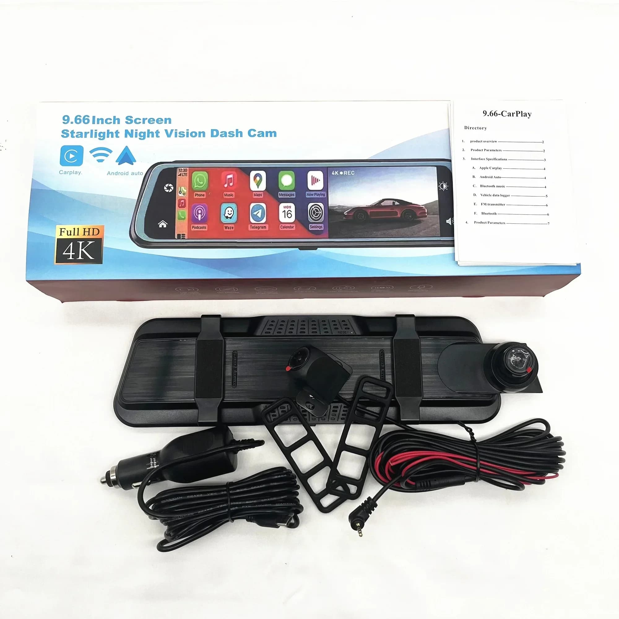 Dashcam per auto DVR per auto scatola nera per auto schermo da 9,66 pollici Carplayer Android auto