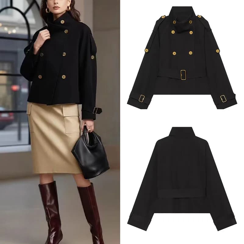 Guobiozi new double-breasted design with belt women's short trench coat, elegant and stylish, suitable for commuting and office