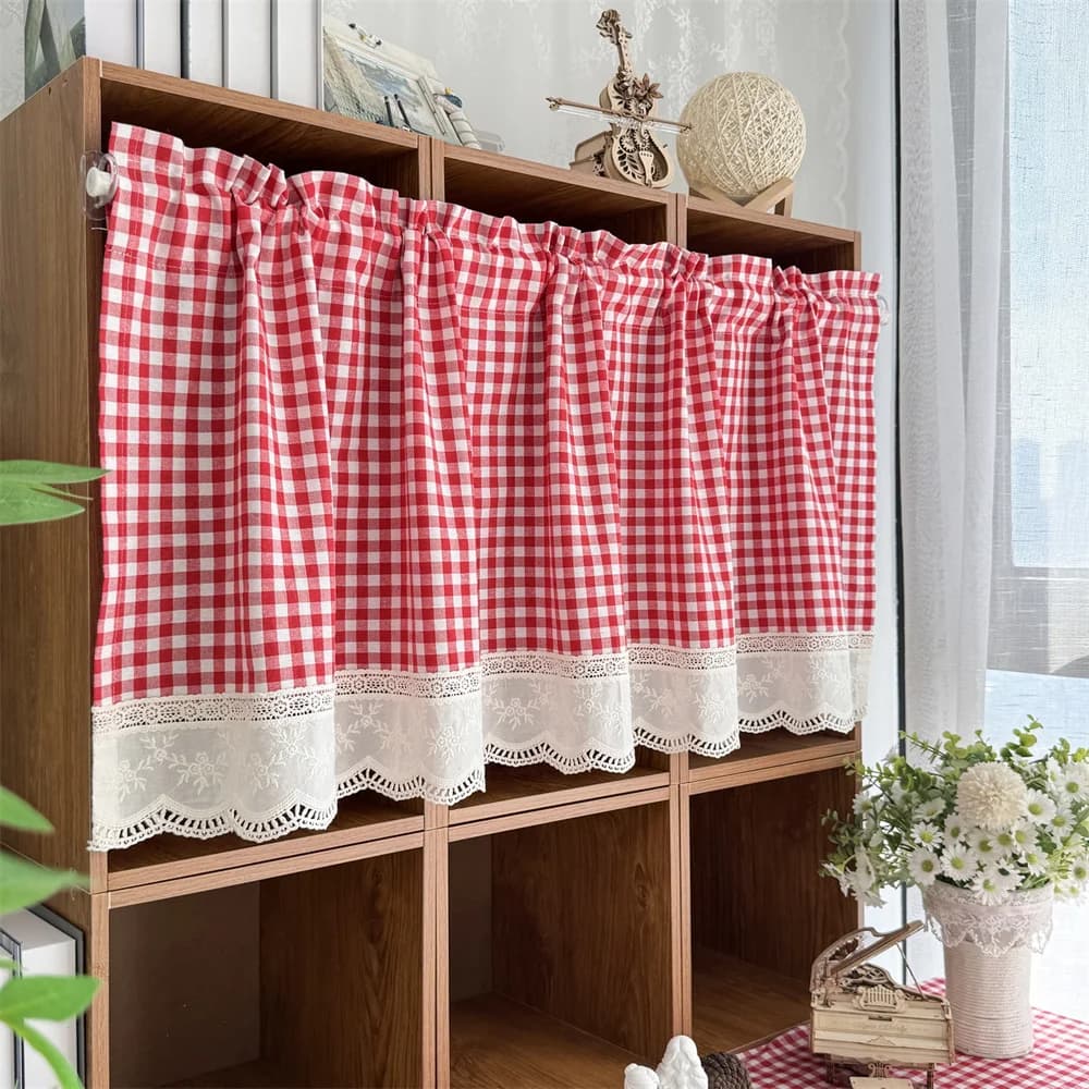 Tenda Vintage Stile Fattoria a Quadretti, Cortina Corta Bianca con Pizzo Patchwork per Finestra di Cucina, Armadio, Porta, Decorazione con Tasca per Asta
