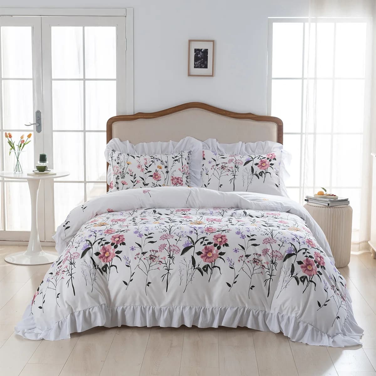 Per le donne che adorano l'atmosfera romantica della camera da letto: set copripiumino floreale HERTALK Queen/King (1 copripiumino + 2 federe) con volant Det