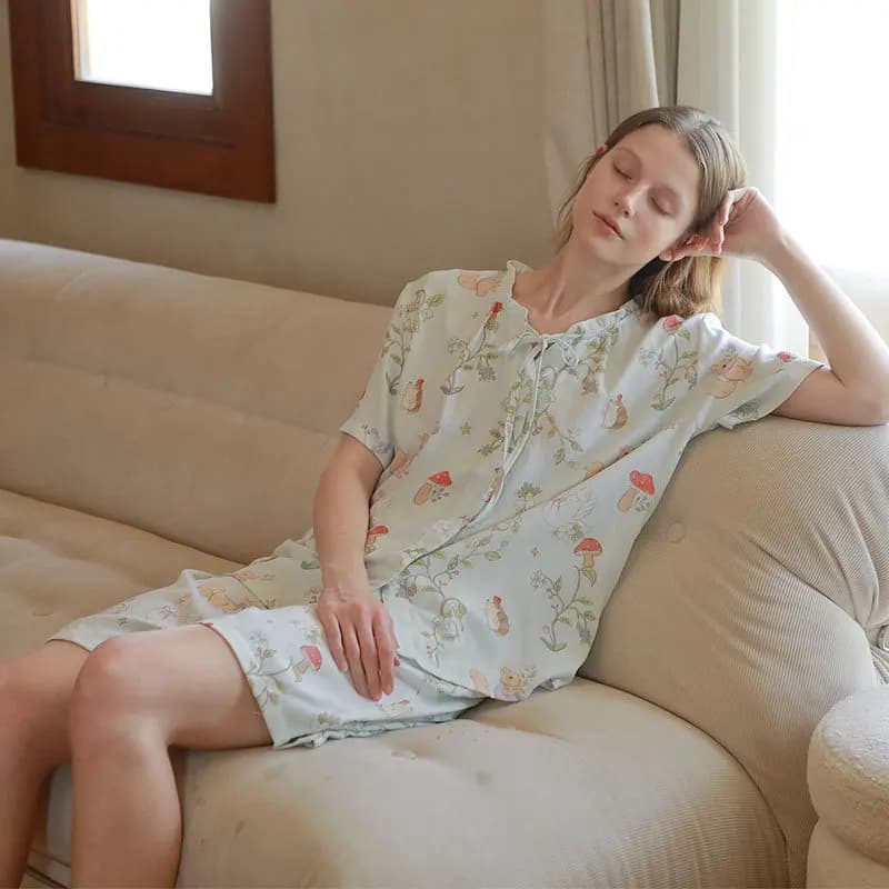 Bamboo Cotton Pajama Set Women Cute Swan Print Summer Sleepwear Soft Breathable Short Sleeve & Shorts Loungewear PJs