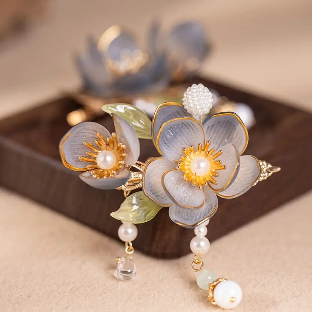 Elegant Classical Ancient Hair Clip Pearl Chinese Style Silk Flower Hairpin Tassel Hair Fork Hanfu Headwear Hair Accessories
