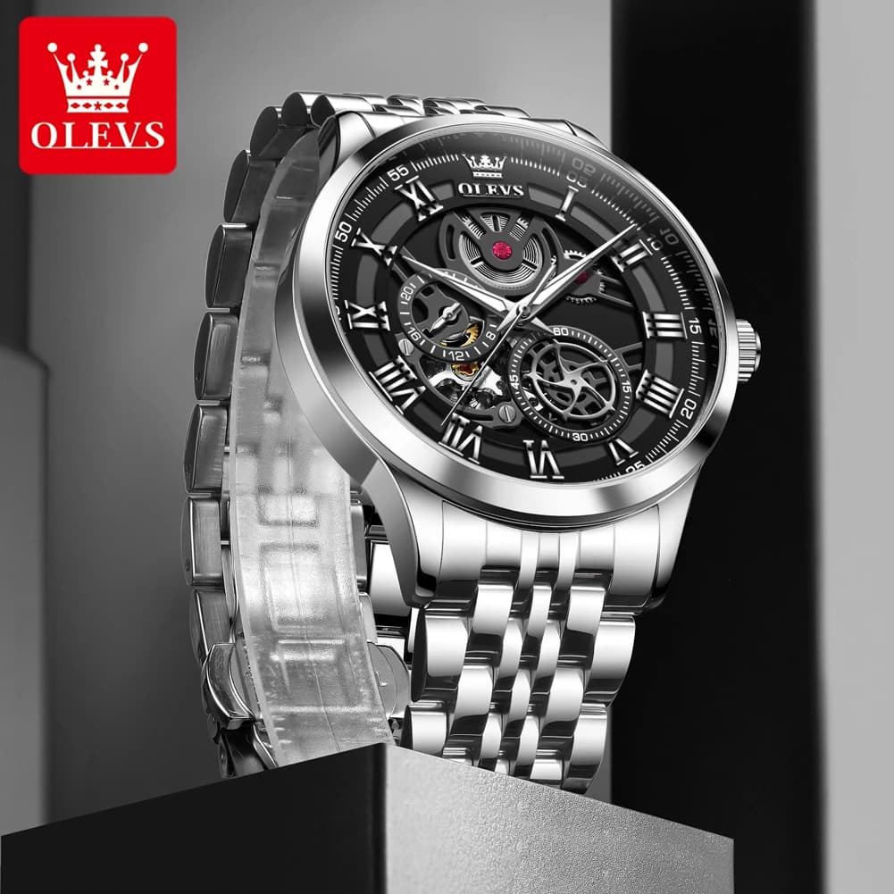 OLEVS 7076 Orologio da uomo Orologio meccanico automatico Orologio cronografo multifunzionale per uomo 30m Scatola luminosa impermeabile Originale