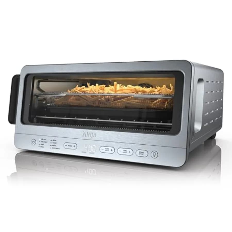 Air Fryer Toaster Oven Combo 8-in-1 Functionality Flip Up Away Storage Stainless Steel 1800W Air Fry Basket Sheet Pan Wire Rack