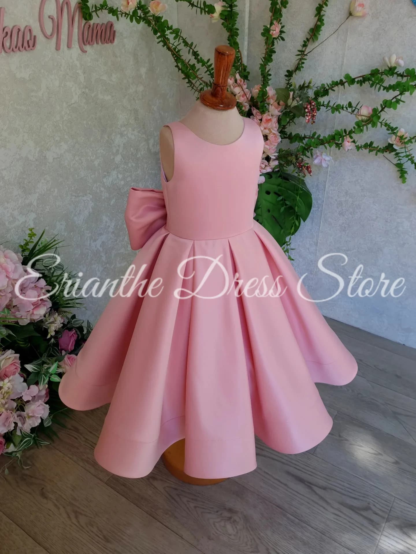 Abito da ragazza di fiore rosa per matrimonio senza maniche in raso con fiocco Abito da ballo personalizzato per prima comunione per festa di compleanno per bambini