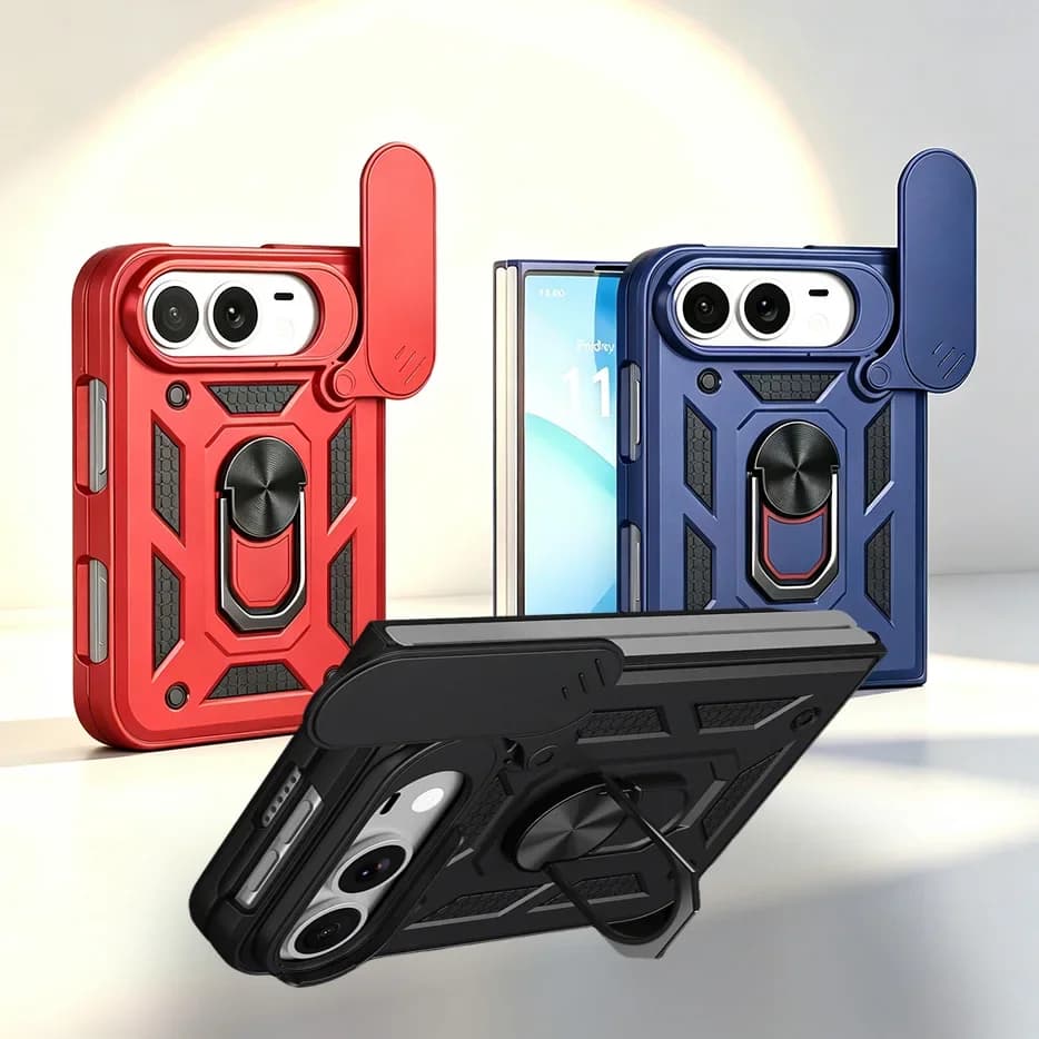 Camera Protective Case for iPhone Ultra Fold Hybrid Metal Ring Holder Stand Back Cover