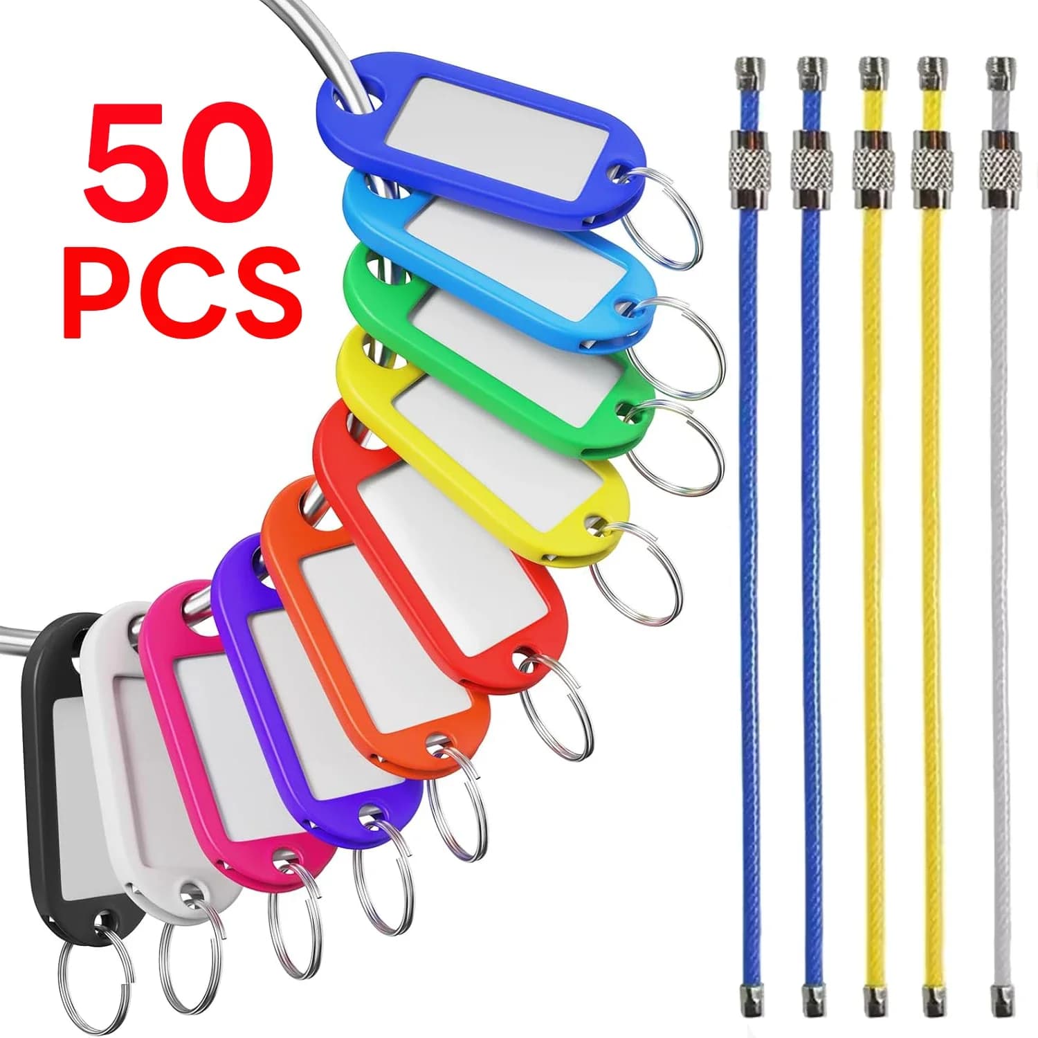Set di etichette per chiavi (50 etichette in plastica e 5 anelli portachiavi) - Versatili per chiavette USB, bagagli, chiavi di casa/ufficio