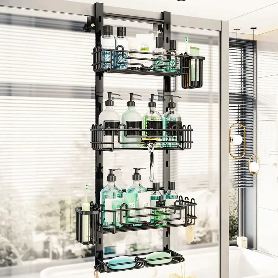 Organizzatore da doccia a 4 livelli da appendere alla porta, con 22 ganci e 2 porta spazzolini, regolabile senza foratura