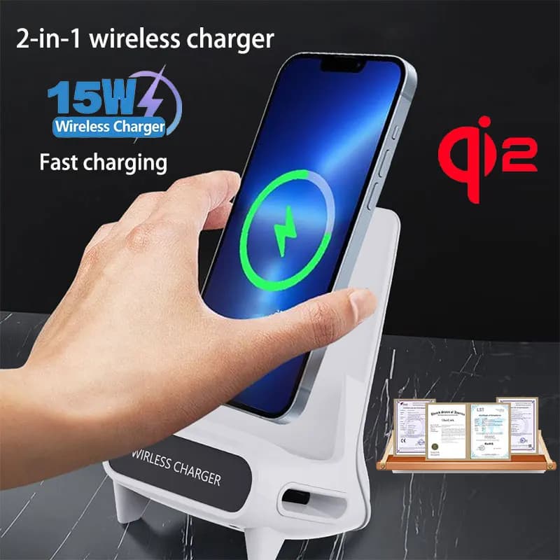 Caricatore Wireless Portatile da 15W con Supporto per Telefono, Ricarica Rapida Universale per iPhone, Samsung, Vivo, Xiaomi