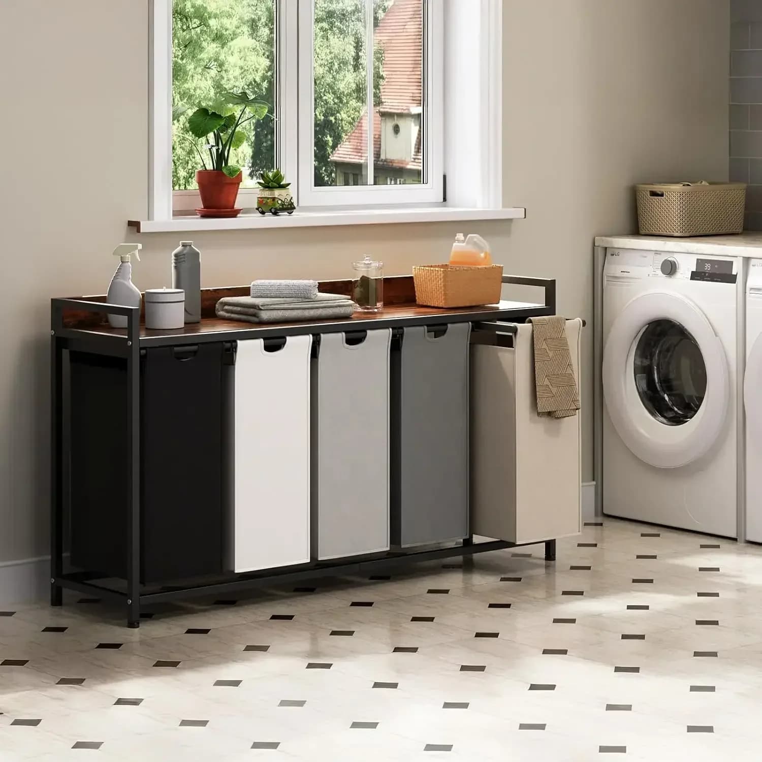 Cesto Portabiancheria con Ripiano, Cesto per Bucato a 5 Scomparti, Organizzatore per Bucato con 5 Sacchi Rimovibili di Grandi Dimensioni e Ruote Mobili