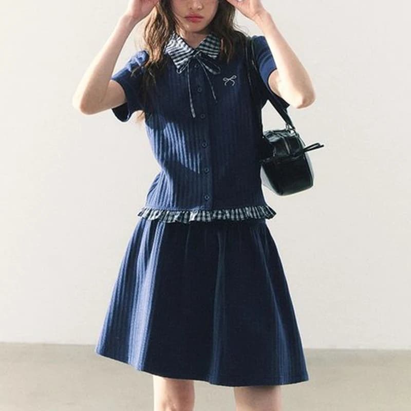 Summer Knitted Preppy Style Two Piece Sets Retro Women Ruffles Patchwork Sweet Embroidery Shirt A Line Chic Mini Skirt New