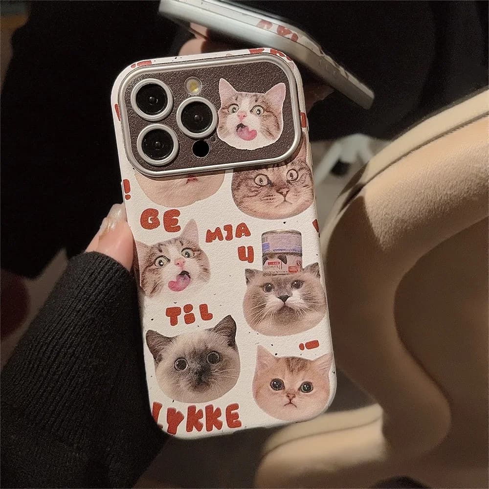 Custodia per telefono con texture in pelle con motivo simpatico gatto divertente per iPhone 16 15 14 13 12 11 Pro Max Protezione per fotocamera Custodia antiurto