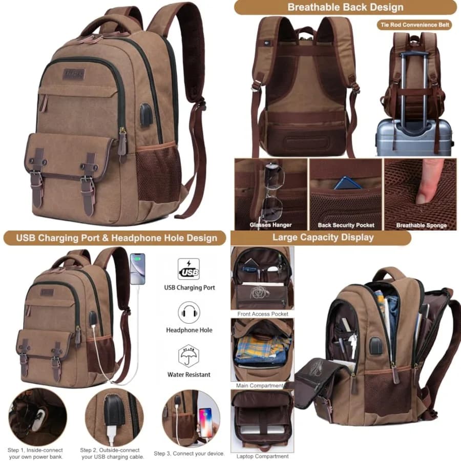 Zaino da Viaggio in Tela per Laptop, per Uomo e Donna, Borsa da Lavoro e Scuola con Porta USB, Adatta per Notebook