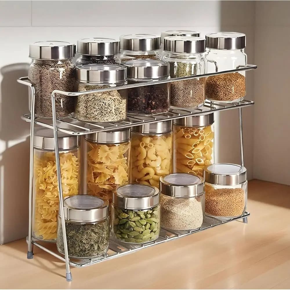 Scaffale da Cucina a 2 Livelli in Acciaio Inossidabile - Porta Spezie per Piano di Lavoro, Dispensa o Bagno - Contenitore Antiruggine per Bottiglie e Barattoli