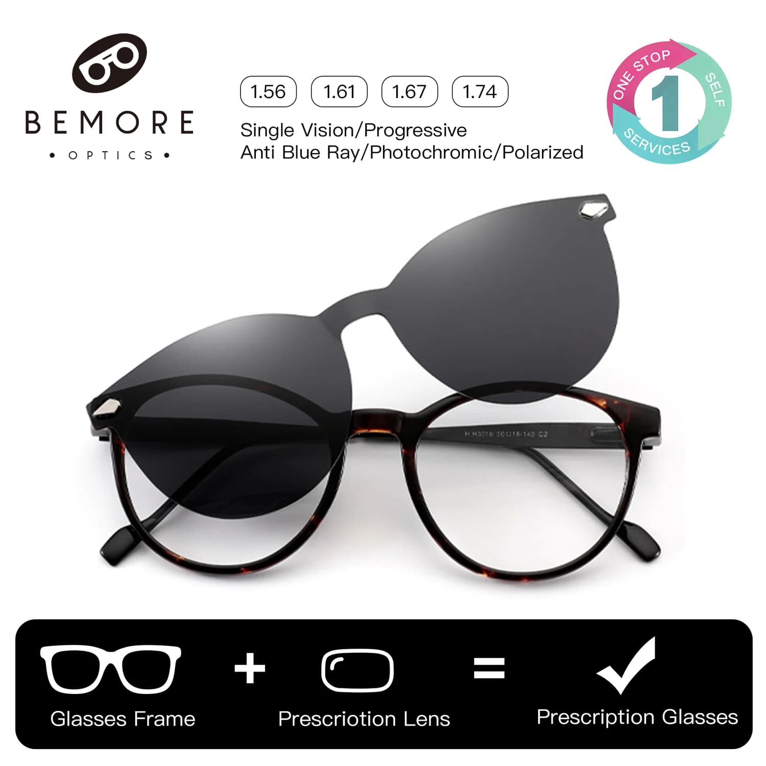 BEMORE Retro Round Men Progressive Multifocal Glasses Women Clip on Polarized Sunglasses Handmade Acetate Prescription Eyewear