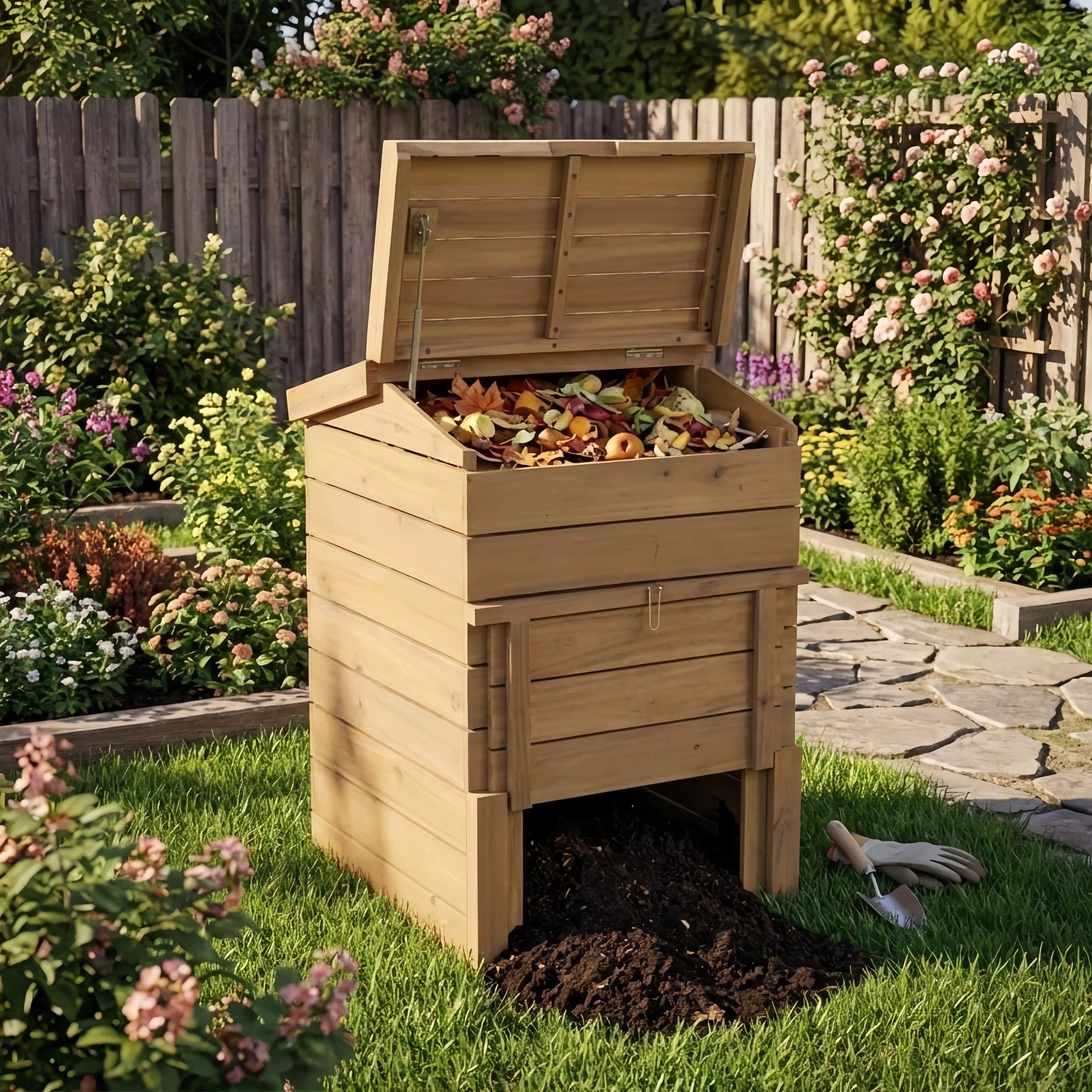 Wood Composter, Outdoor Compost Bin with Flip-Top Lid & Pull-Out Door, Heavy Duty Composting Bin for Garden Waste