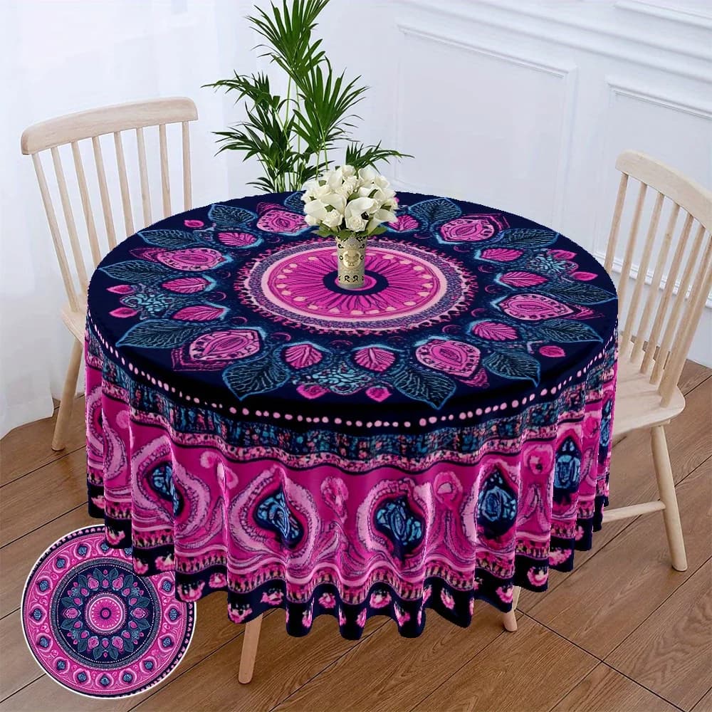 Tappeto Rotondo Indiano VIKAMA Mandala Bohemien per Spiaggia, Gypsy, Yoga, Copritavolo per Casa, Sala da Pranzo, Cucina, Feste e Decorazioni