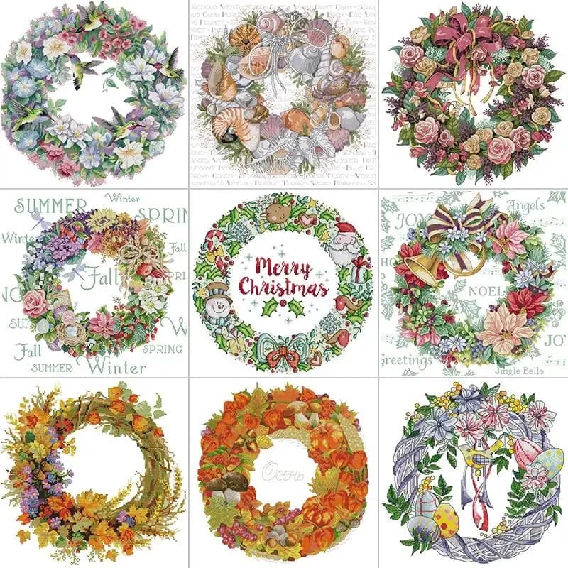 Flower Wreath Series Count Stamped Cross Stitch Kit Aida 14ct 16ct 11ct White Printed Fabric Embroidery Set DIY Home Decor Gifts