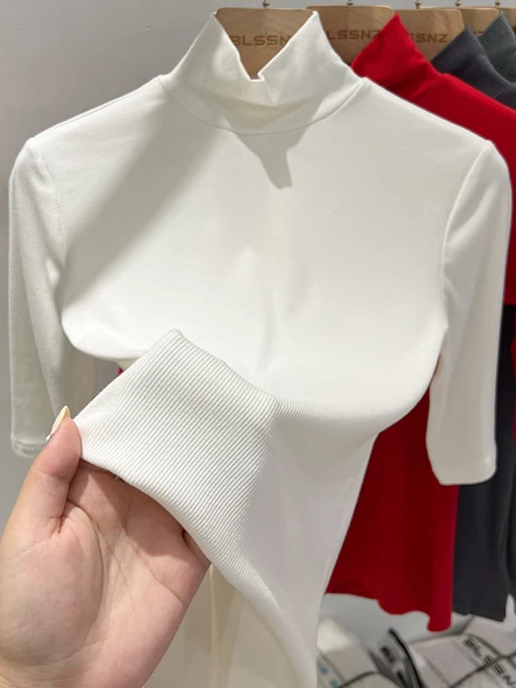 Maglietta Basica 2026 da Donna a Collo Alto, Slim Fit, a Maniche Corte, Casual, Elastica, Bianca, Top Femminile