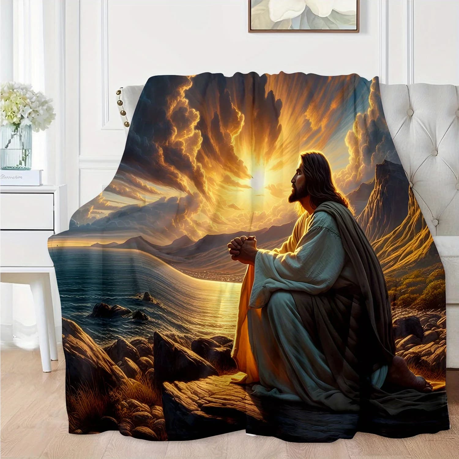 Jesus Prayer Seascape Throw - Serene Sunset Design, Soft Flannel All-Season Lightweight for Sofa, Travel Naps, Spiritual Decor