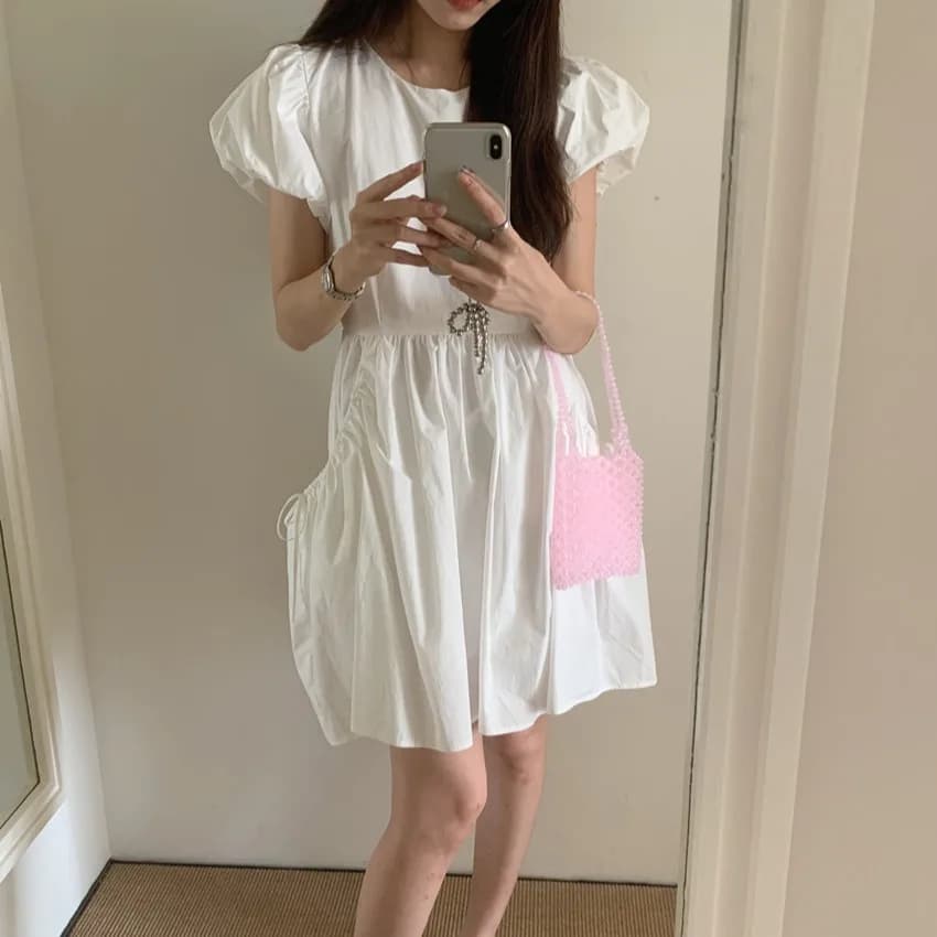 Cute Youthful Big Backless Design Drawstring Belted Short Skirt Waist Slimming Dress Korean Style Spring Autumn Winter Dress